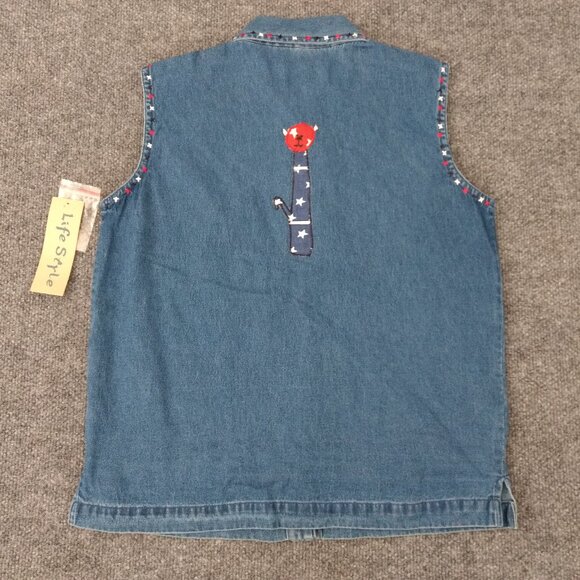 LIFE STYLE Vest Women's S Blue Denim Embroidered Cats Applique Button - Picture 9 of 14